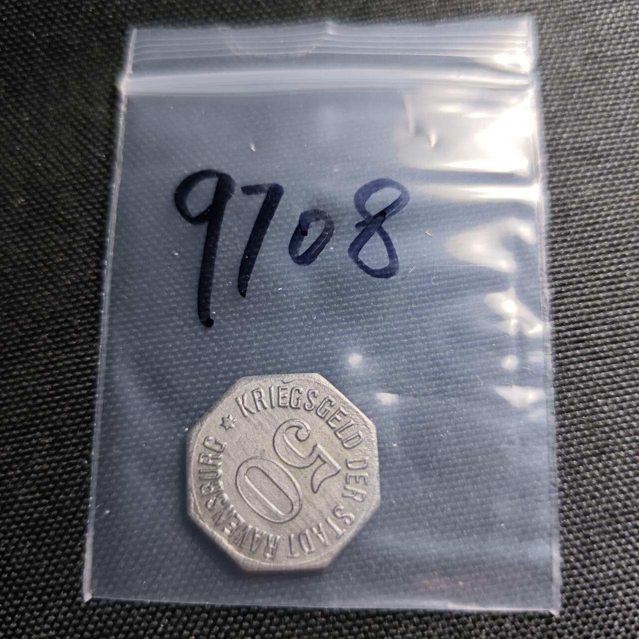 KK钱币收藏小铺  第397期 百期特怕（四拍之一） 2月预留时间 周末发货 1918 德紧Ravensburg拉文斯堡50芬尼铁币 