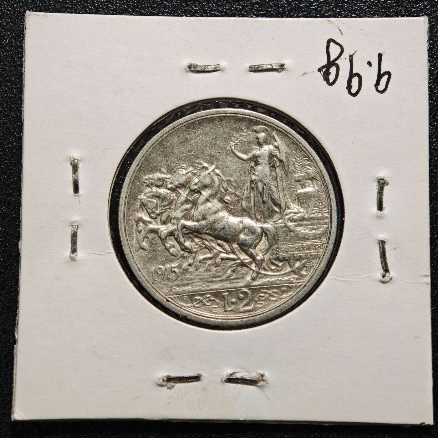 【德藏】世界币章拍卖第165期（拍品征集中~欢迎藏友联系） 老藏家集藏系列之- 1915年 意大利马拉车2里拉银币 835银 直径约：27mm；重约：10g 入册20余年·附有当年购入价