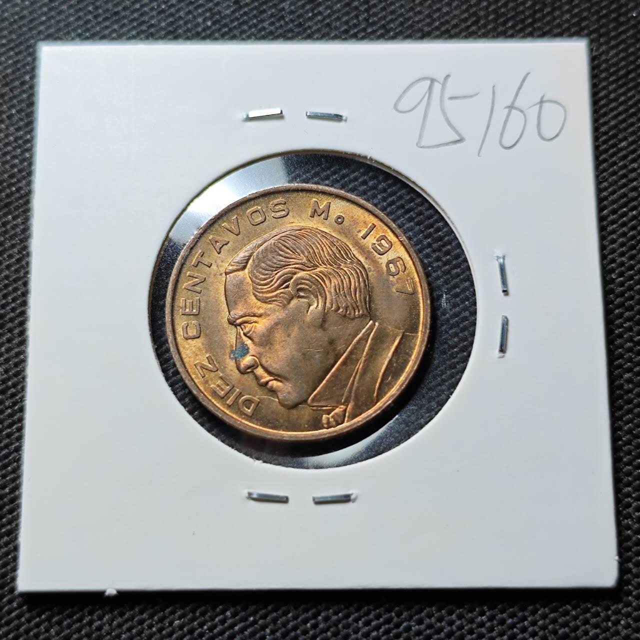 KK钱币收藏小铺  第395期  2月预留时间 周末发货  1967墨西哥10分铜币