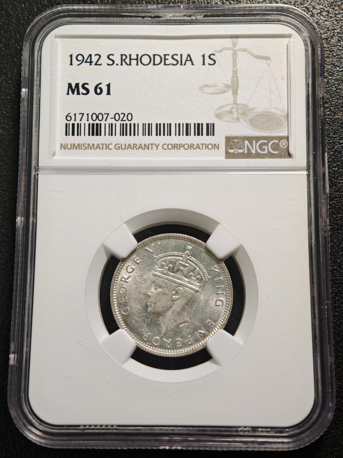 【德藏】世界币章拍卖第165期（拍品征集中~欢迎藏友联系） 1942年 英属南罗德西亚乔治六世1先令银币 NGC MS61