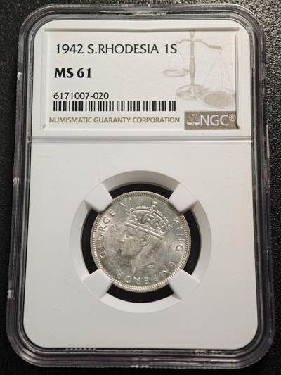【德藏】世界币章拍卖第165期（拍品征集中~欢迎藏友联系） - 1942年 英属南罗德西亚乔治六世1先令银币 NGC MS61