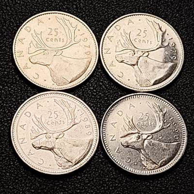 泉币菌-第188场- 迎 情人节专场 本场拍品多 请提前出价（本周五和之前拍的 2月14日发货） - 高币值 加元一组 4枚 加拿大驯鹿1/4元 英国伊丽莎白二世女王像 23.9mm 