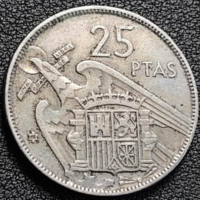 泉币菌-第186场- 精品福利场（本周五和之前的 2月14日发货） - 西班牙1957年25比萨塔 佛朗哥头像 铜镍币 26.5mm 