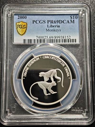 【德藏】世界币章拍卖第165期（拍品征集中~欢迎藏友联系） - 2000年 利比里亚猴子10元精制纪念银币 PCGS PR69DCAM（999银 20.15g）