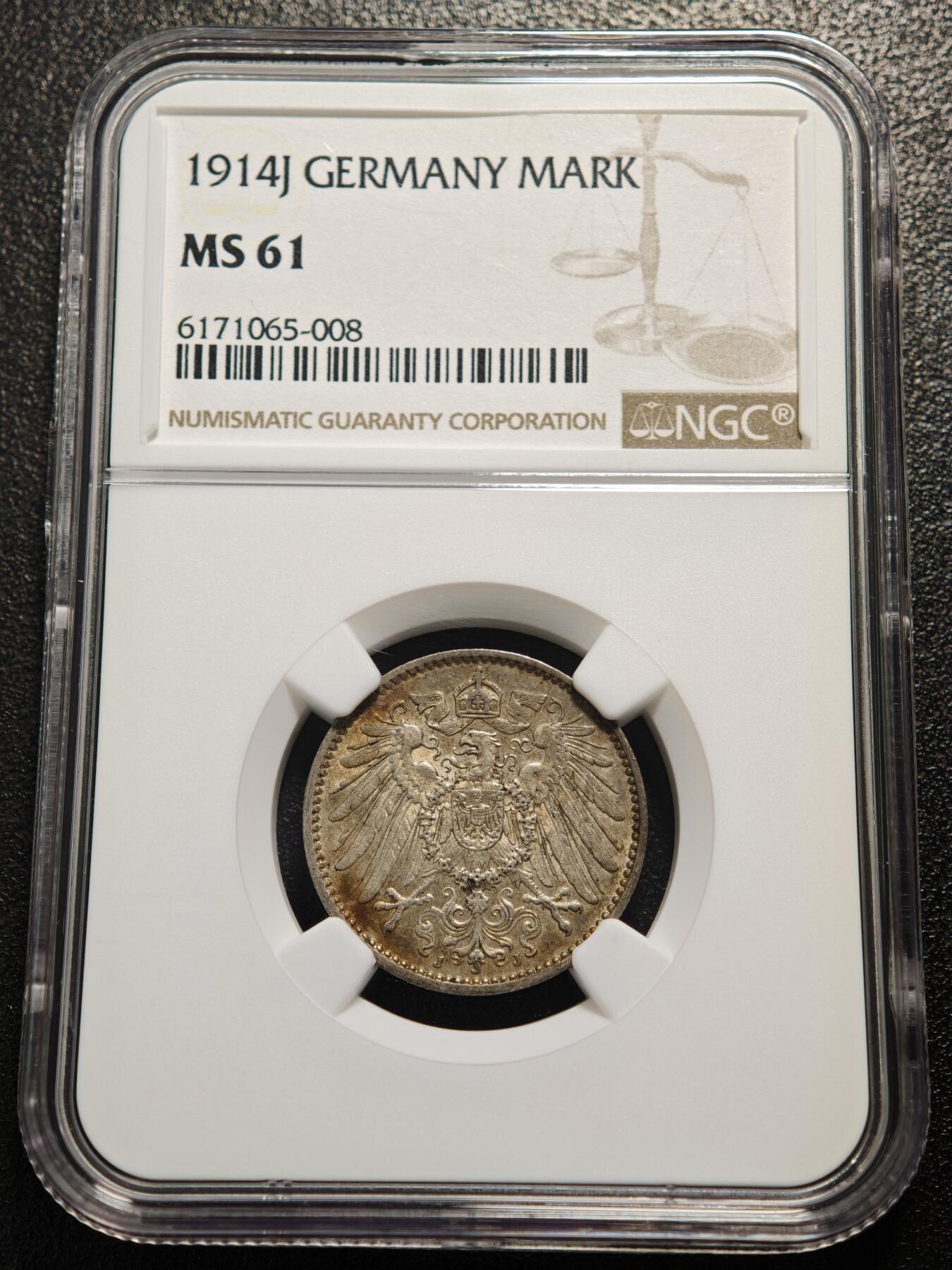 【德藏】世界币章拍卖第165期（拍品征集中~欢迎藏友联系） 1914年 德国威廉二世J版1马克银币 NGC MS61