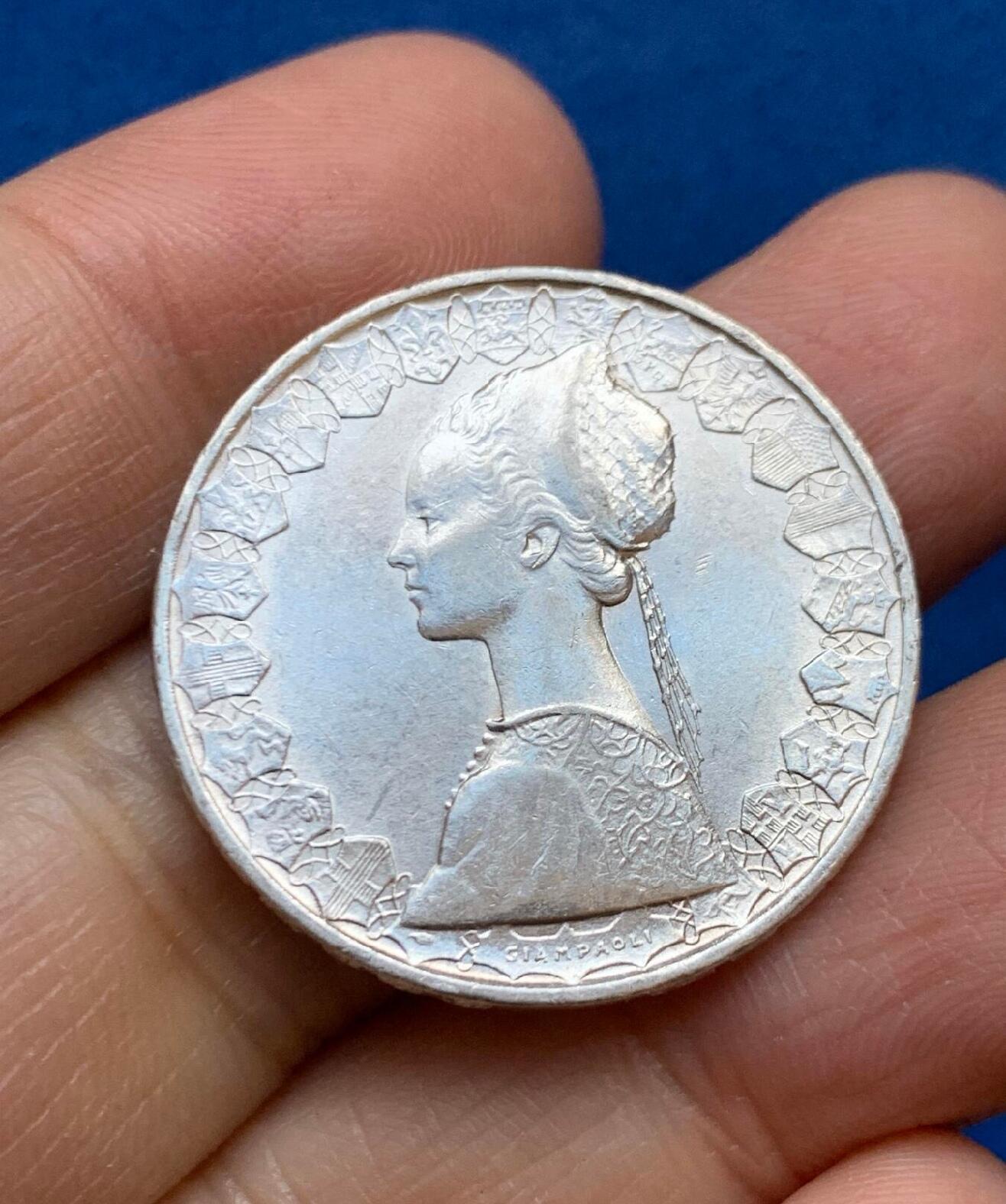 意大利1958年少女帆船500里拉银币