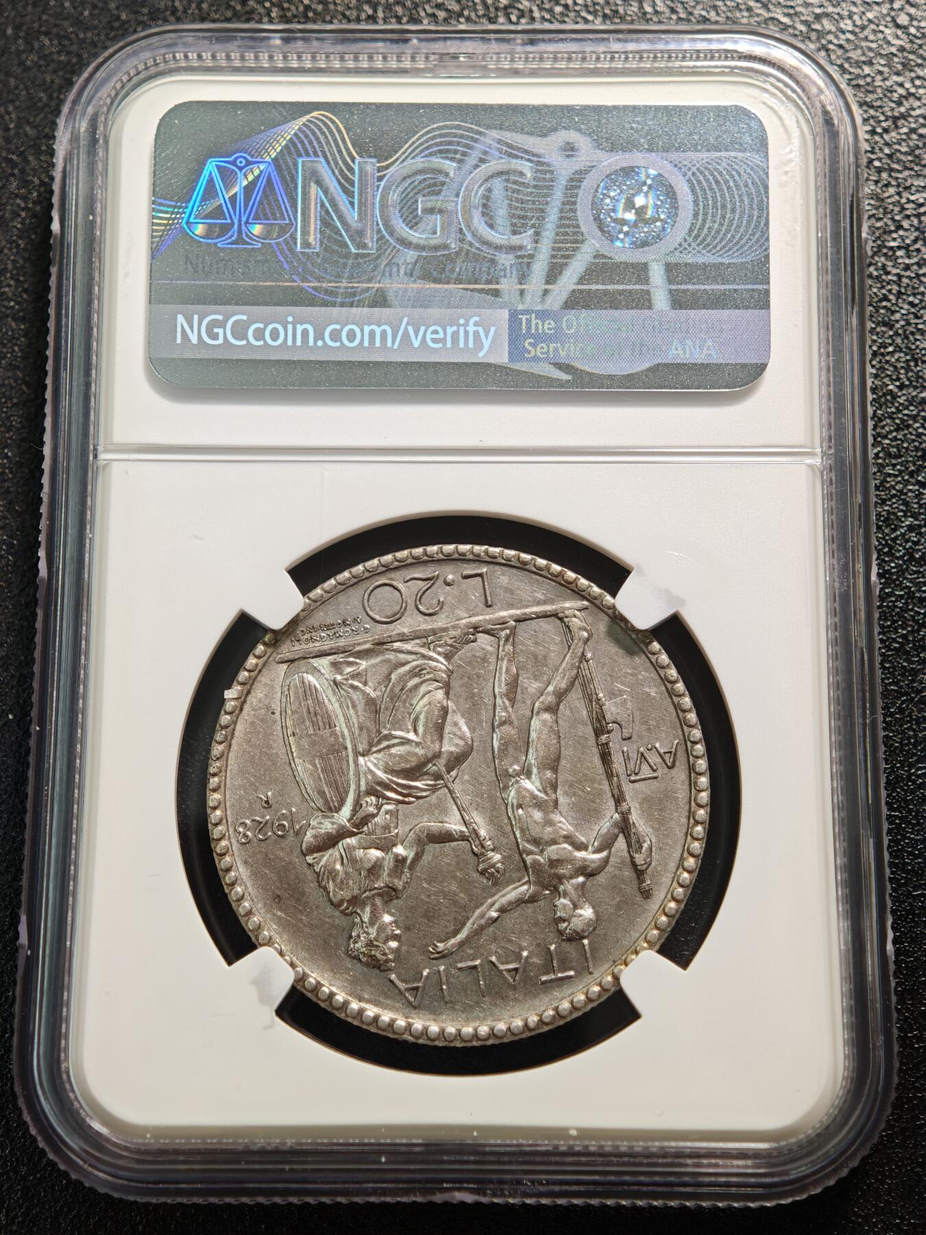 【德藏】世界币章拍卖第165期（拍品征集中~欢迎藏友联系） 1928年 意大利伊曼纽尔三世20里拉银币 NGC AU55