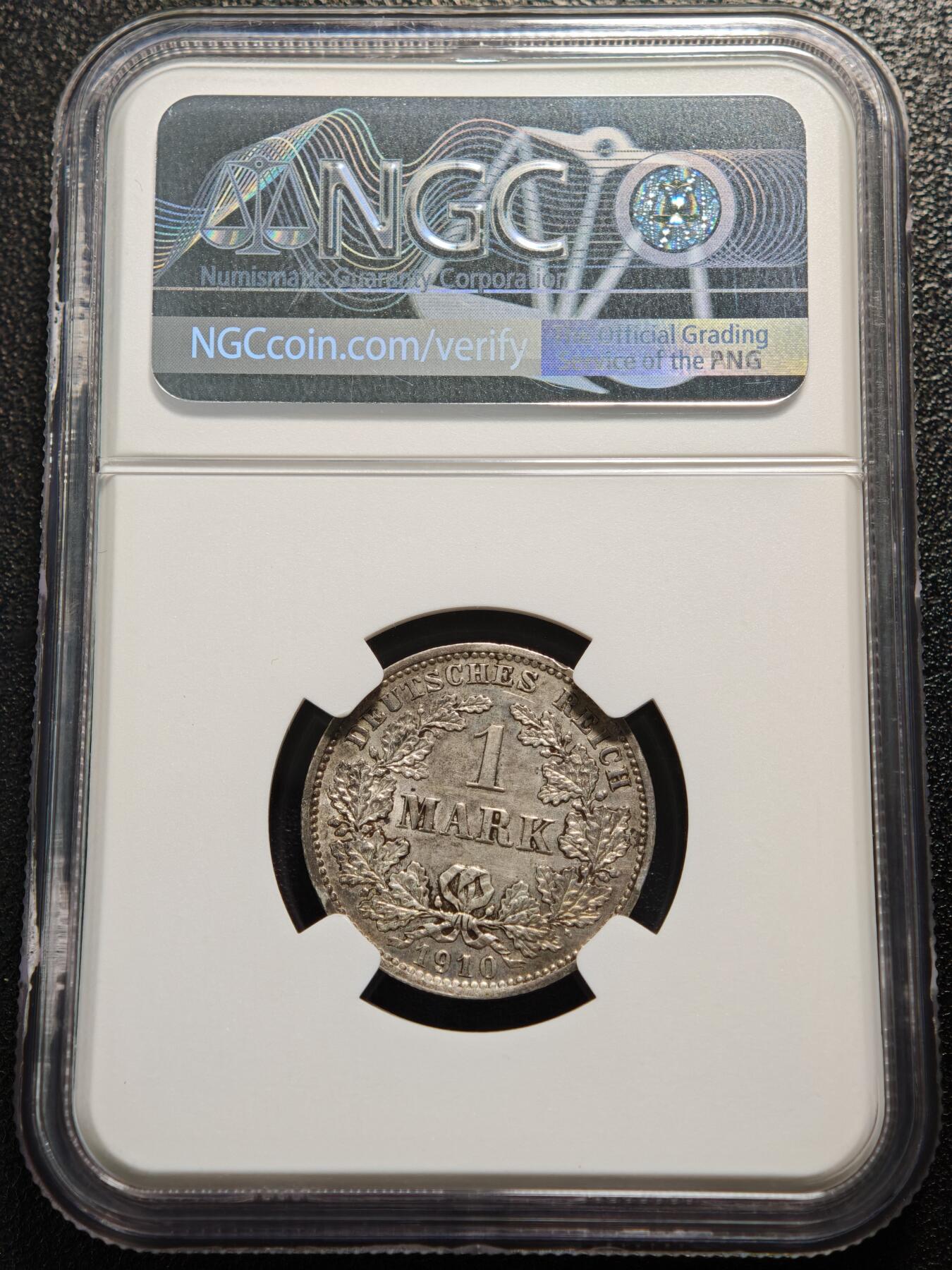 【德藏】世界币章拍卖第165期（拍品征集中~欢迎藏友联系） 1910年 德国威廉二世D版1马克银币 NGC MS61