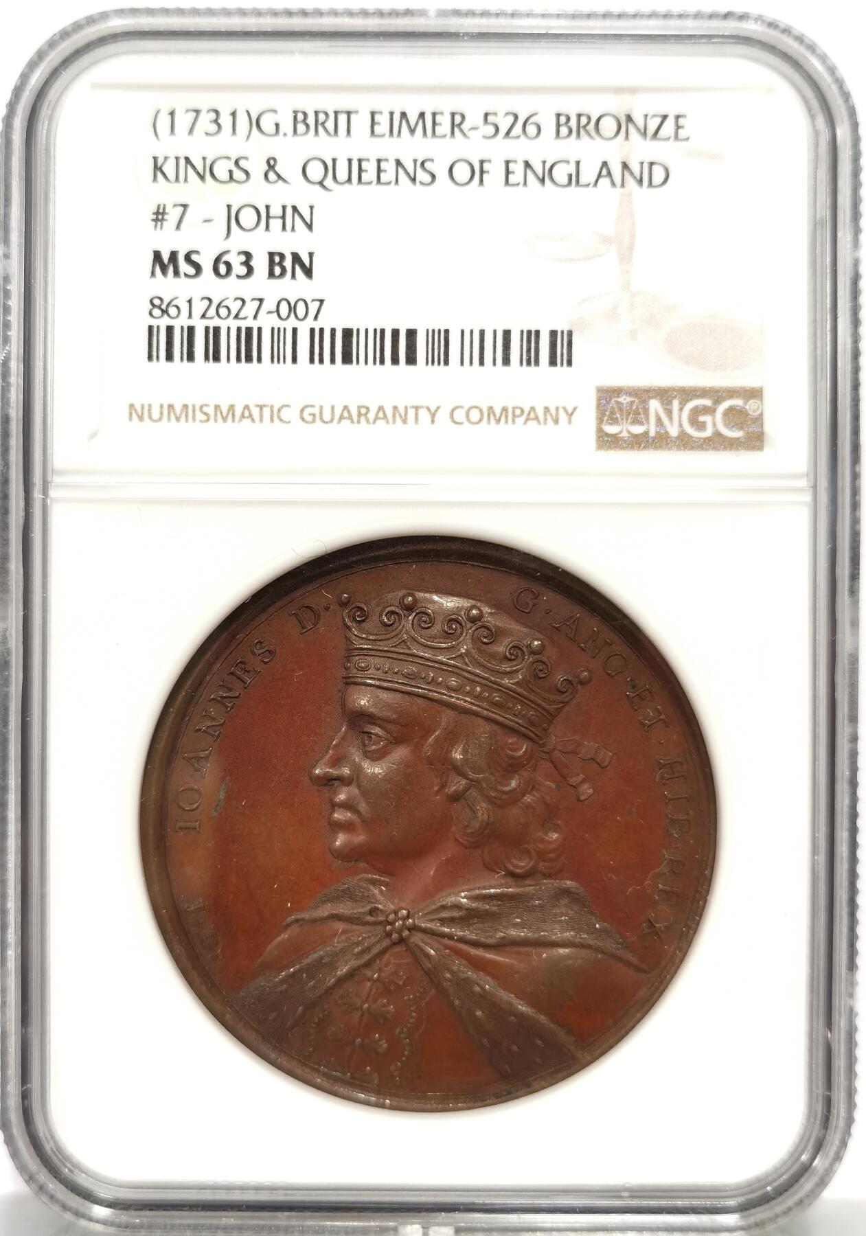 博洋堂蛇年收官专场暨第161期（全场包邮） NGC MS63BN 英国1731年英格兰国王约翰纪念铜章，加厚盒。约翰王（John，1199-1216年在位）是英国历史上极具争议的君主，因签署《大宪章》（Magna Carta）而闻名，这一事件被视为英国宪政史的里程碑。