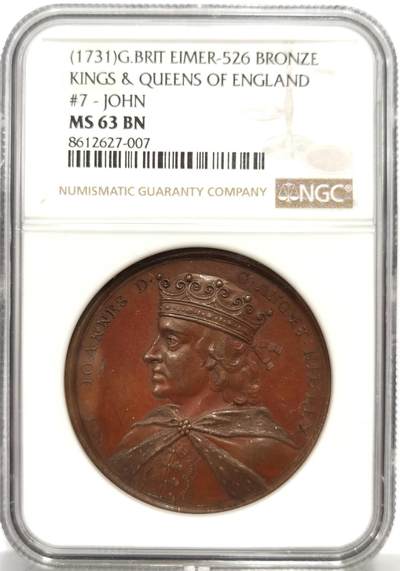 博洋堂蛇年收官专场暨第161期（全场包邮） - NGC MS63BN 英国1731年英格兰国王约翰纪念铜章，加厚盒。约翰王（John，1199-1216年在位）是英国历史上极具争议的君主，因签署《大宪章》（Magna Carta）而闻名，这一事件被视为英国宪政史的里程碑。