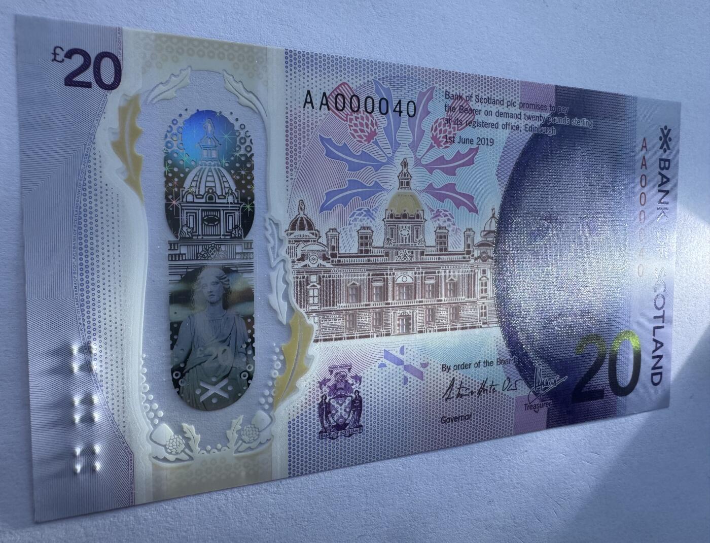 2026第3场（总第230期）：精品测试钞、外钞综合场 Spink拍品AA000040/苏格兰银行2019年版20镑塑料钞UNC