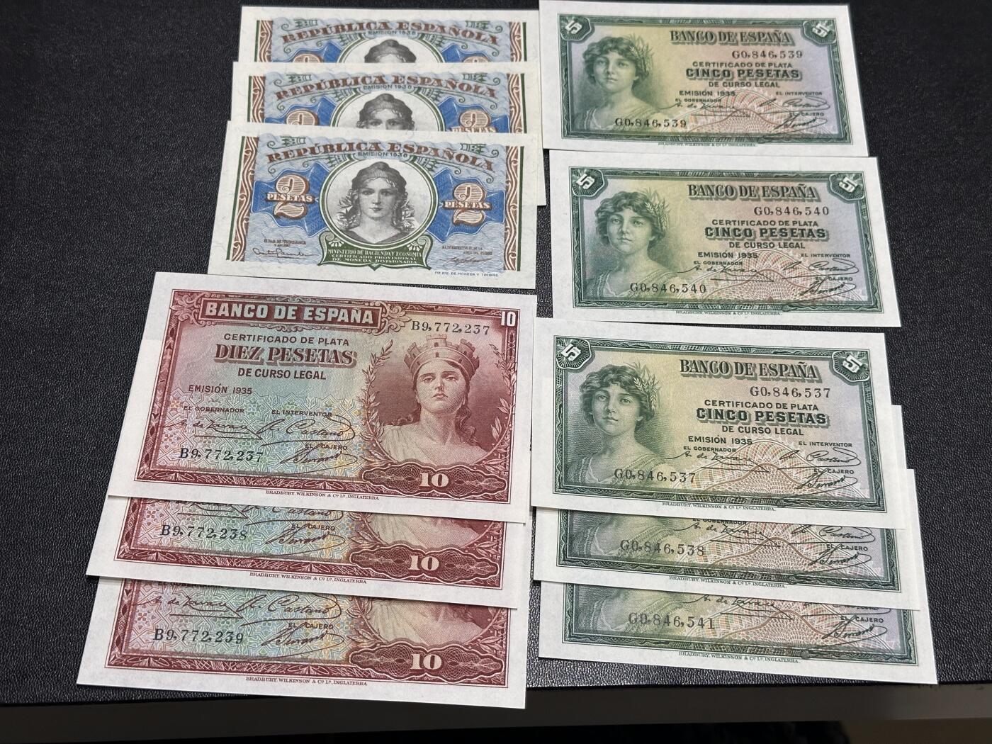 《外钞收藏家》第六百一十期（新年假期场/年后快递恢复正常再发货）（长期征集拍品、欢迎藏友们联系合作） 西班牙小面额2、5、10比塞塔 11张一起 全新