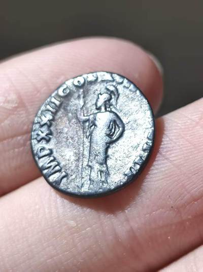 图密善第纳尔银币，公元95-96年铸于罗马。背面是密涅瓦持矛立像。币文为图密善头衔，十五届保民官，二十二届统帅，十七届执政官，并且有CENSOR PERPETUUS PATER PATRIAE称号，即生灵的审查官，国父。