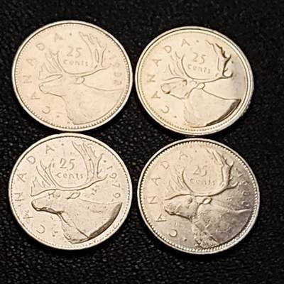 泉币菌-第188场- 迎情人节专场 本场拍品多 请提前出价（本周五和之前拍的 2月14日发货） - 高币值 加元一组 4枚 加拿大驯鹿1/4元 英国伊丽莎白二世女王像 23.9mm 包含一枚纪念女王登基50周年版