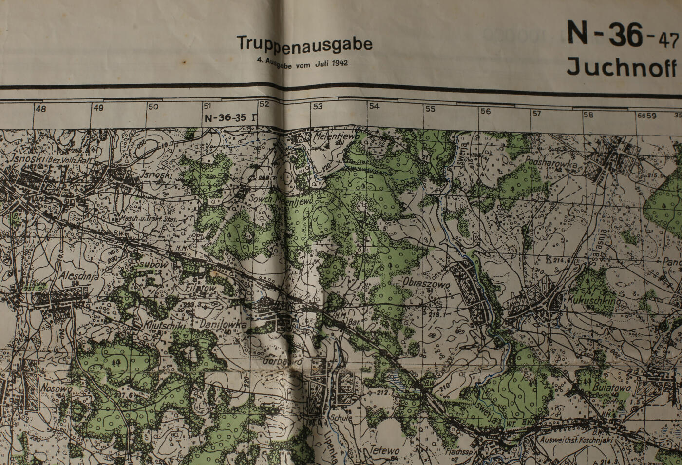 欢庆春节！戎马世界章牌大赏第112期春节大拍  德专场 德国陆军东线作战地图《尤赫诺夫 N-36-47》（莫斯科西南方），双比例军用地图（1:50,000 + 1:100,000），第4版（1942年7月），依据俄国原始测绘资料印制。巨巨巨巨大