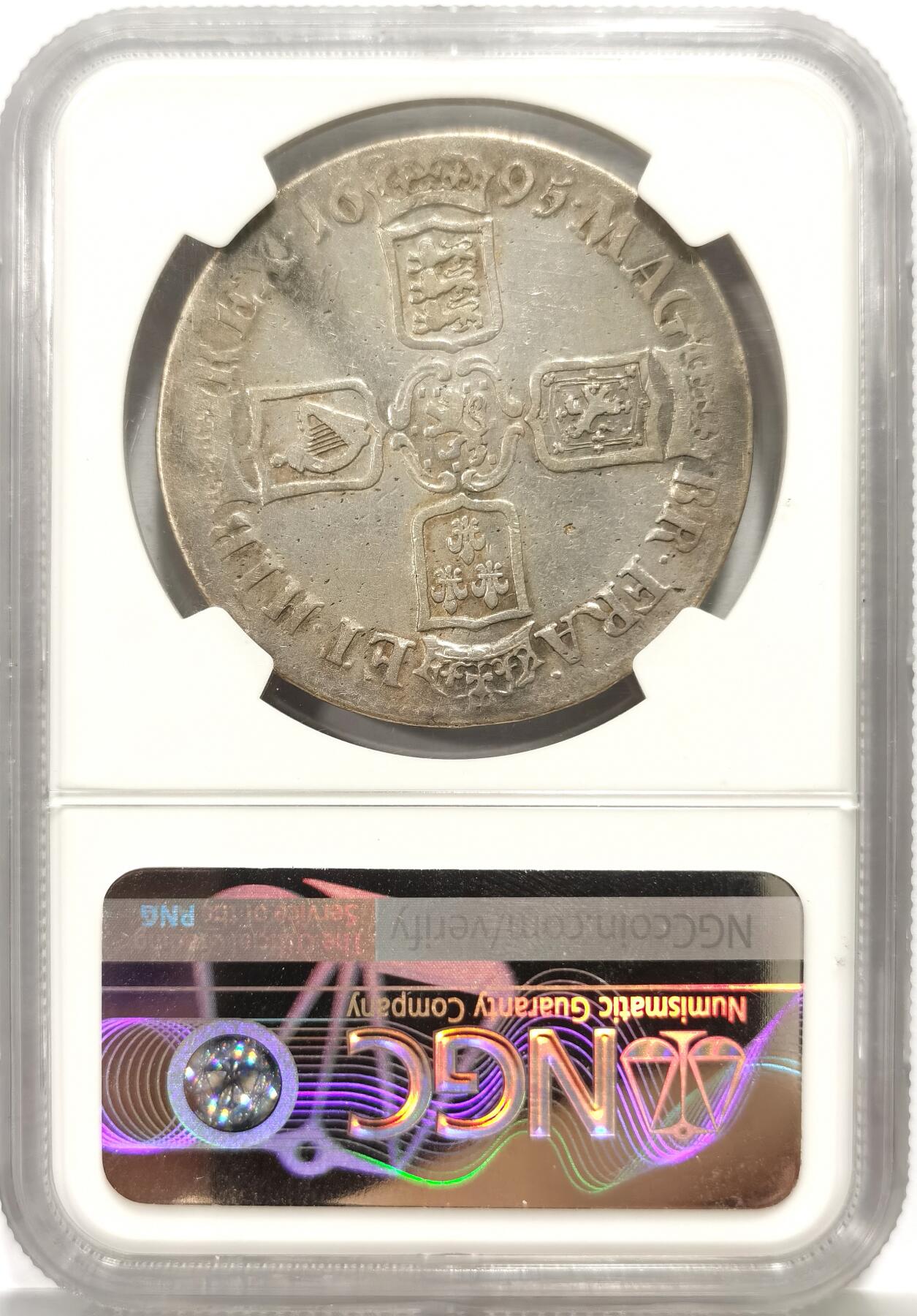 博洋堂蛇年收官专场暨第161期（全场包邮） NGC Fine 英国1695年威廉三世1克朗大银币，300多年的大银，细节不错，凑品种必备