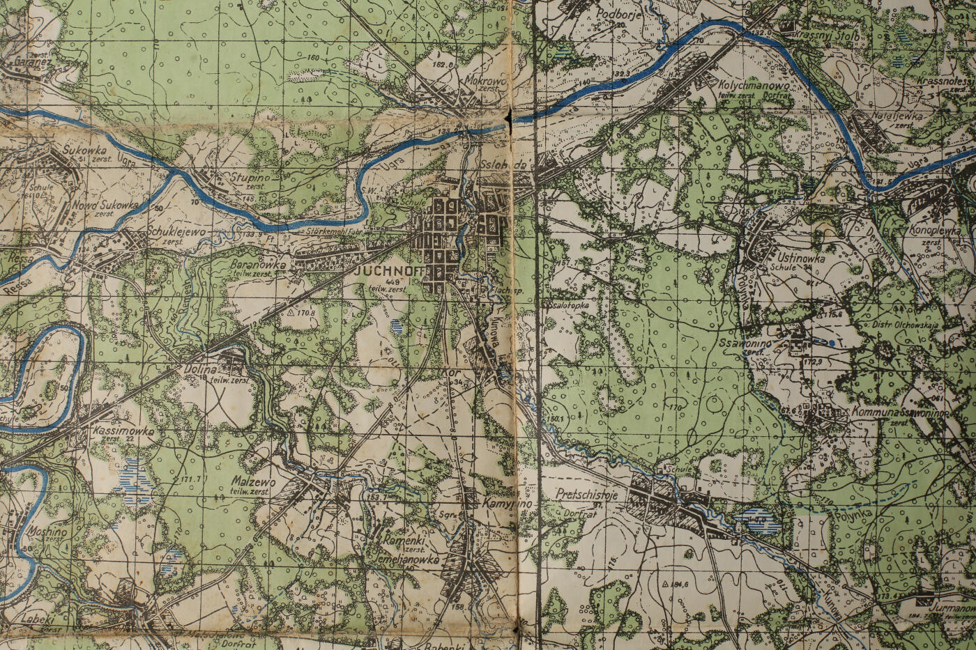 欢庆春节！戎马世界章牌大赏第112期春节大拍  德专场 德国陆军东线作战地图《尤赫诺夫 N-36-47》（莫斯科西南方），双比例军用地图（1:50,000 + 1:100,000），第4版（1942年7月），依据俄国原始测绘资料印制。巨巨巨巨大