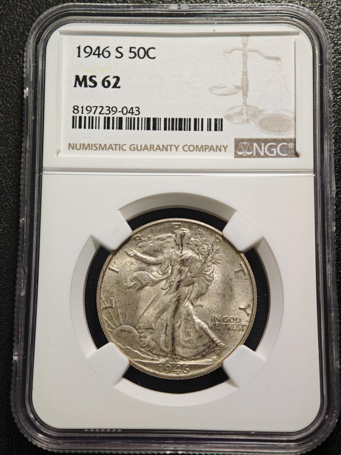 【德藏】世界币章拍卖第165期（拍品征集中~欢迎藏友联系） 1946年 美国行走女神S版50美分银币 NGC MS62