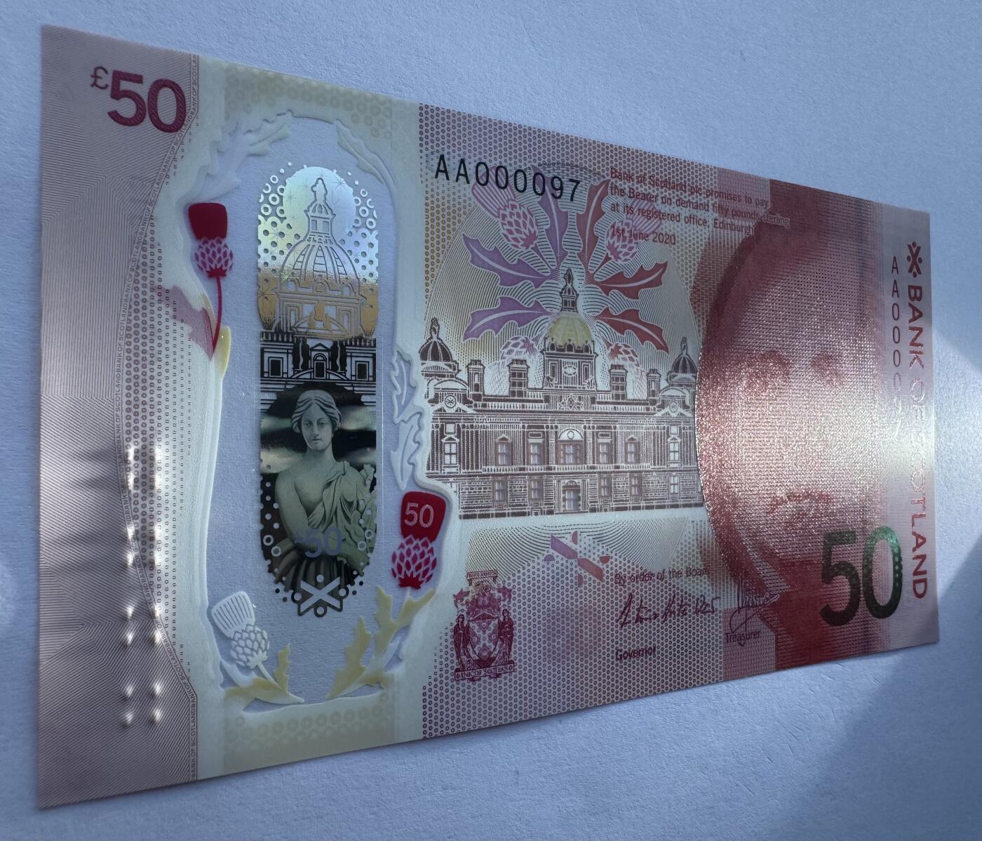 2026第3场（总第230期）：精品测试钞、外钞综合场 Spink拍品AA000097/苏格兰银行2020年版50镑塑料钞UNC