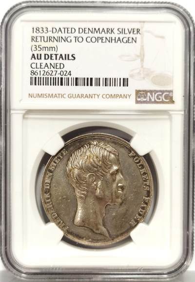 博洋堂蛇年收官专场暨第161期（全场包邮） - NGC AU 丹麦1833年弗雷德里克六世返回哥本哈根纪念银章，35mm，加厚盒