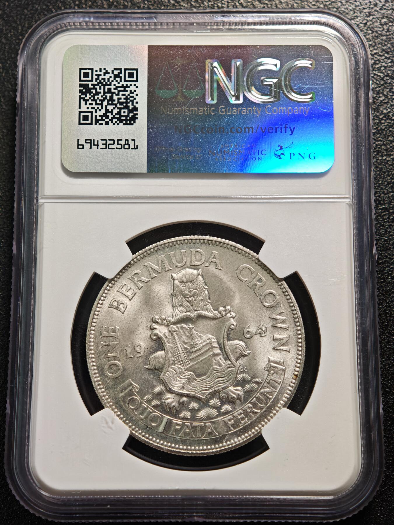 【德藏】世界币章拍卖第165期（拍品征集中~欢迎藏友联系） 1964年 英属百慕大伊丽莎白国徽版1克朗银币 NGC MS65