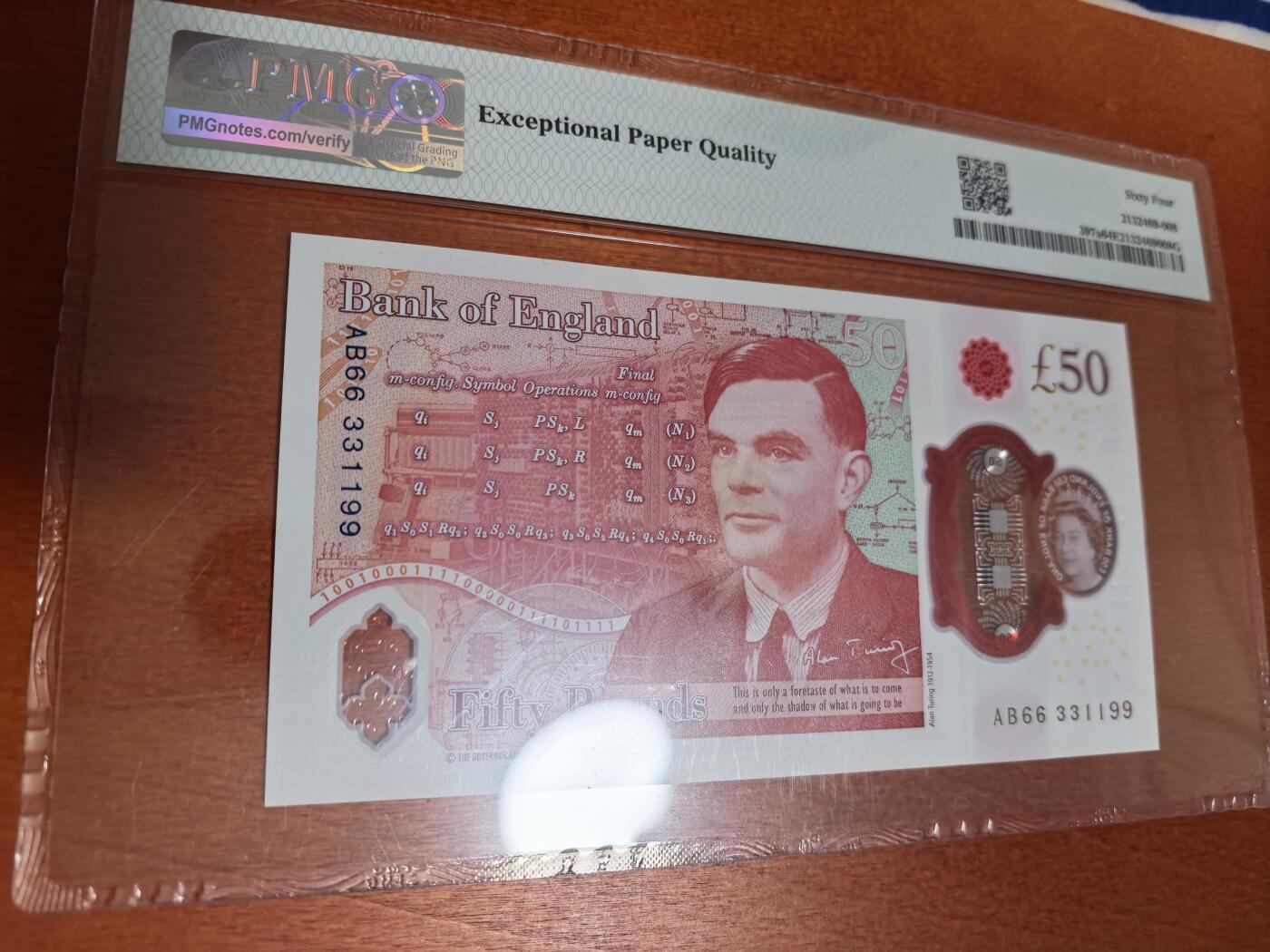 长老汇蛇年精选第九十九场拍卖 2020英国伊丽莎白二世50英镑塑料钞，背面图灵，PMG 64，无47，对对号