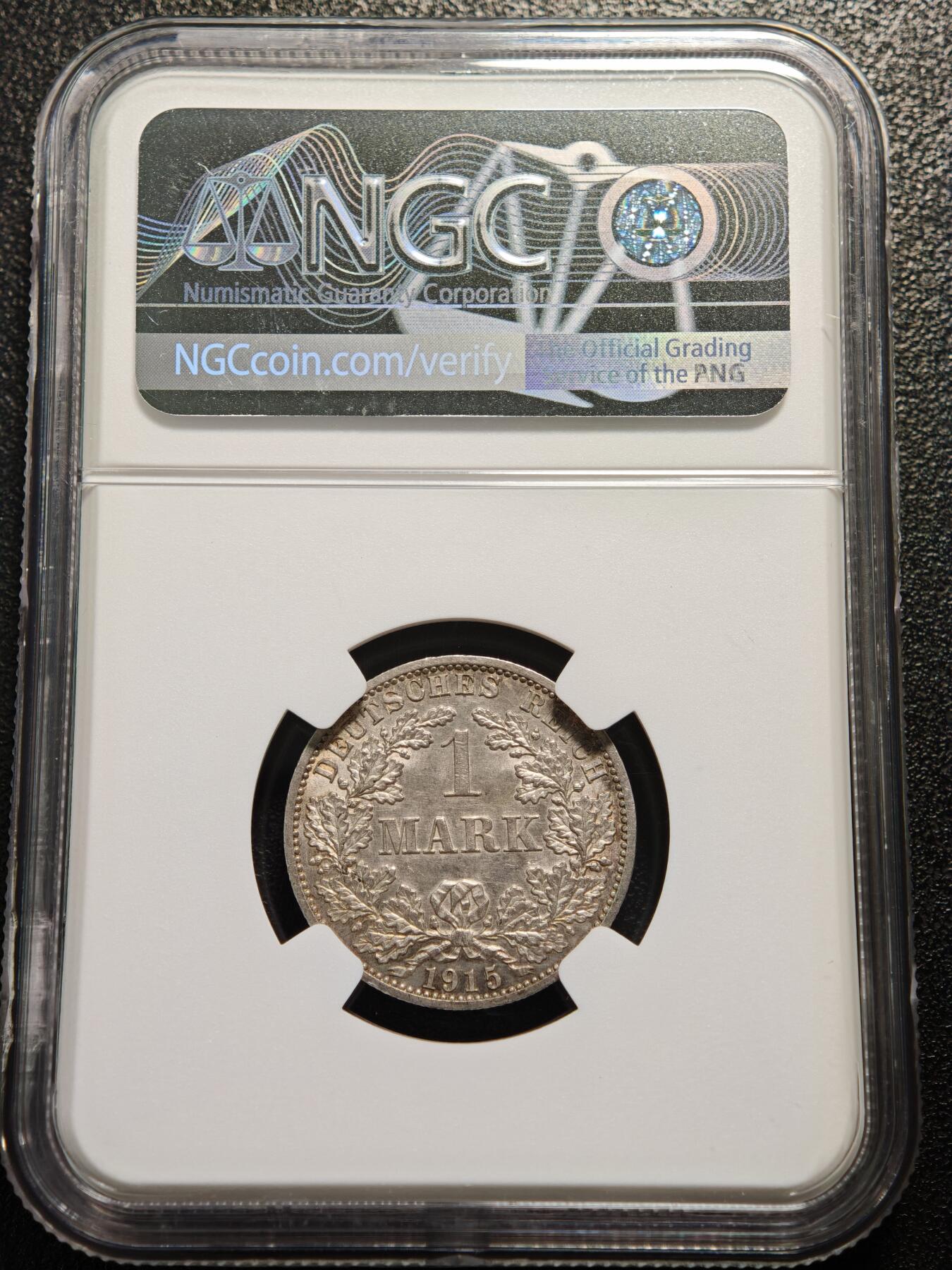 【德藏】世界币章拍卖第165期（拍品征集中~欢迎藏友联系） 1915年 德国威廉二世A版1马克银币 NGC MS61