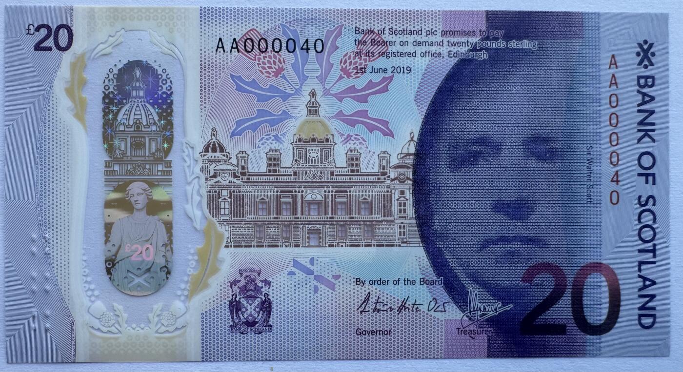 2026第3场（总第230期）：精品测试钞、外钞综合场 Spink拍品AA000040/苏格兰银行2019年版20镑塑料钞UNC