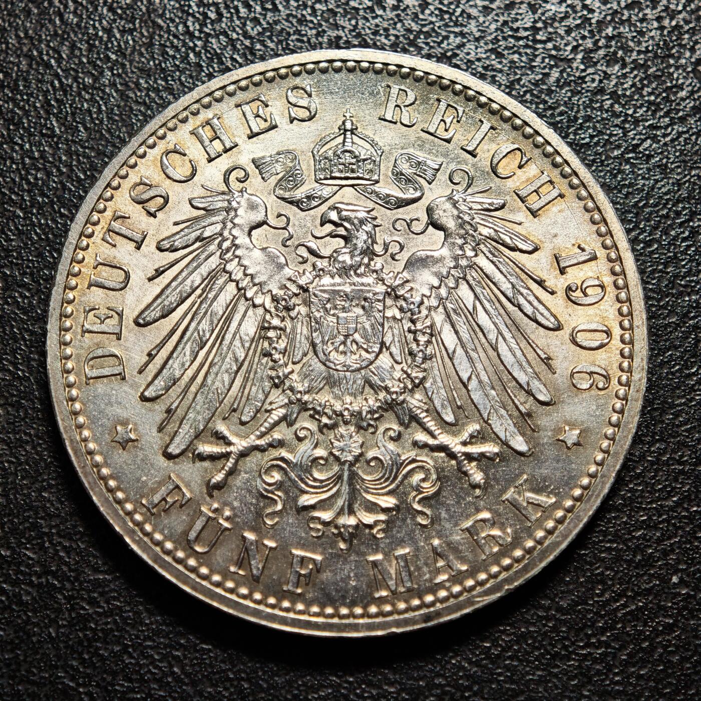 【德藏】世界币章拍卖第165期（拍品征集中~欢迎藏友联系） 1906年 德国巴登金婚5马克大银币 直径约：37.8mm；重约：27.7g