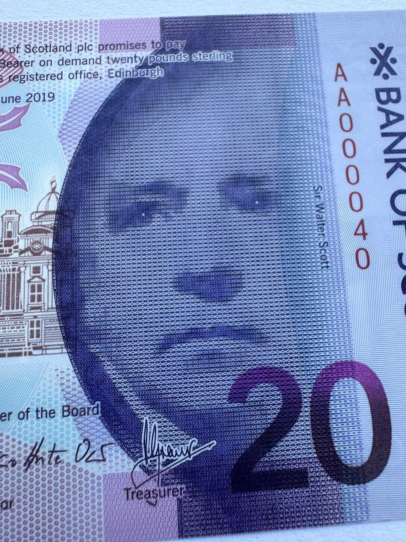 2026第3场（总第230期）：精品测试钞、外钞综合场 Spink拍品AA000040/苏格兰银行2019年版20镑塑料钞UNC