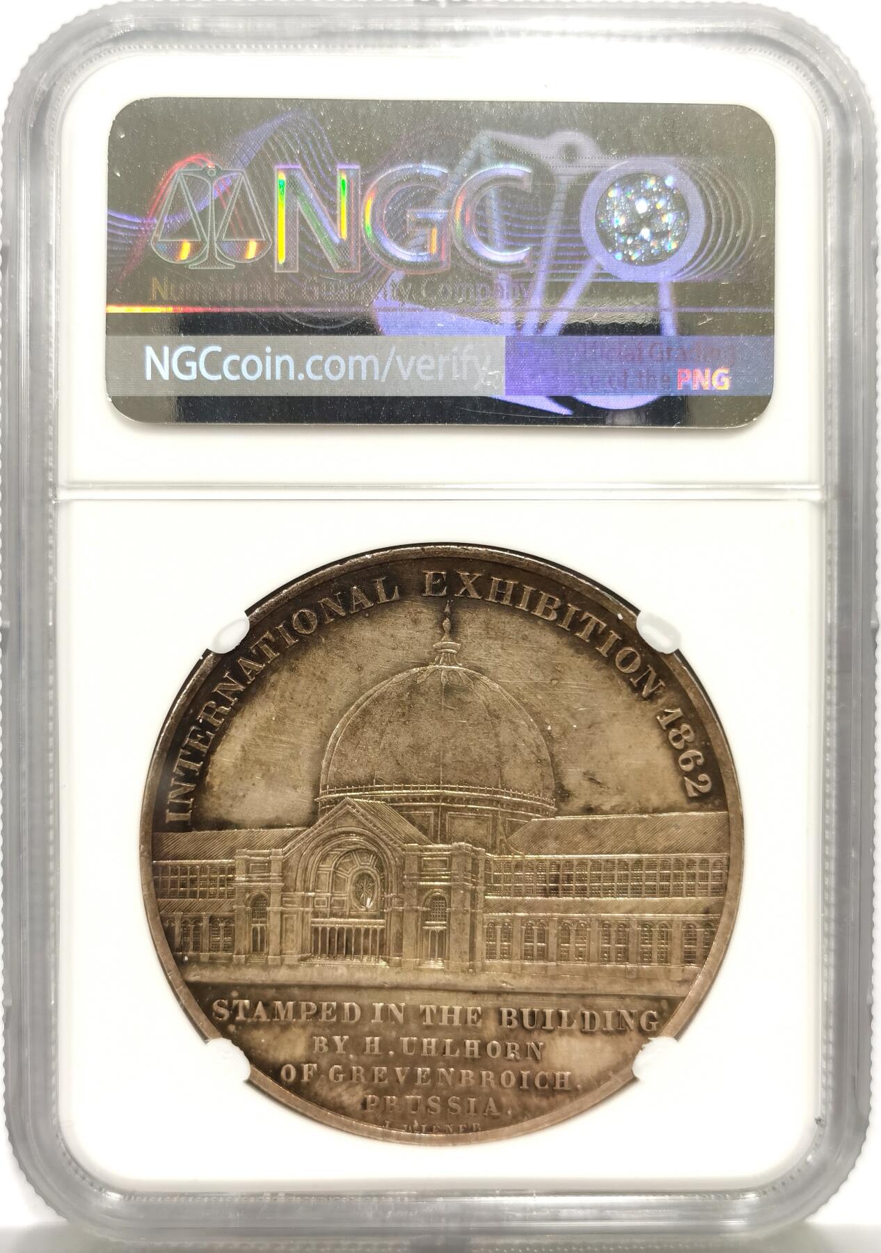 博洋堂蛇年收官专场暨第161期（全场包邮） NGC UNC 英国1862年伦敦国际博览会纪念铜镀银章，42mm，该展会是为了纪念已故的阿尔伯特亲王（维多利亚女王的丈夫），他正是1851年第一届万国博览会的发起者