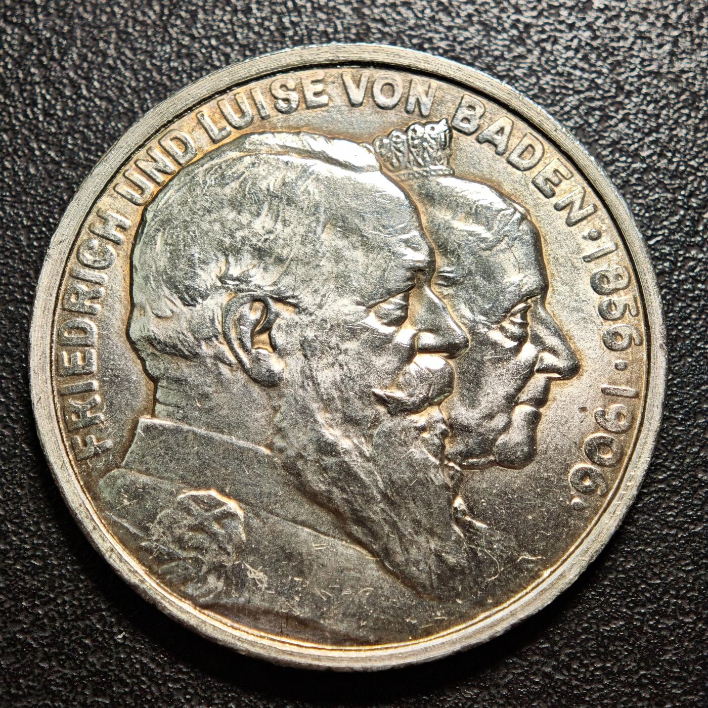 【德藏】世界币章拍卖第165期（拍品征集中~欢迎藏友联系） 1906年 德国巴登金婚5马克大银币 直径约：37.8mm；重约：27.7g