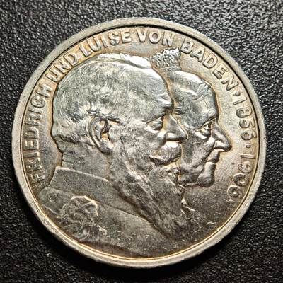 【德藏】世界币章拍卖第165期（拍品征集中~欢迎藏友联系） - 1906年 德国巴登金婚5马克大银币 直径约：37.8mm；重约：27.7g