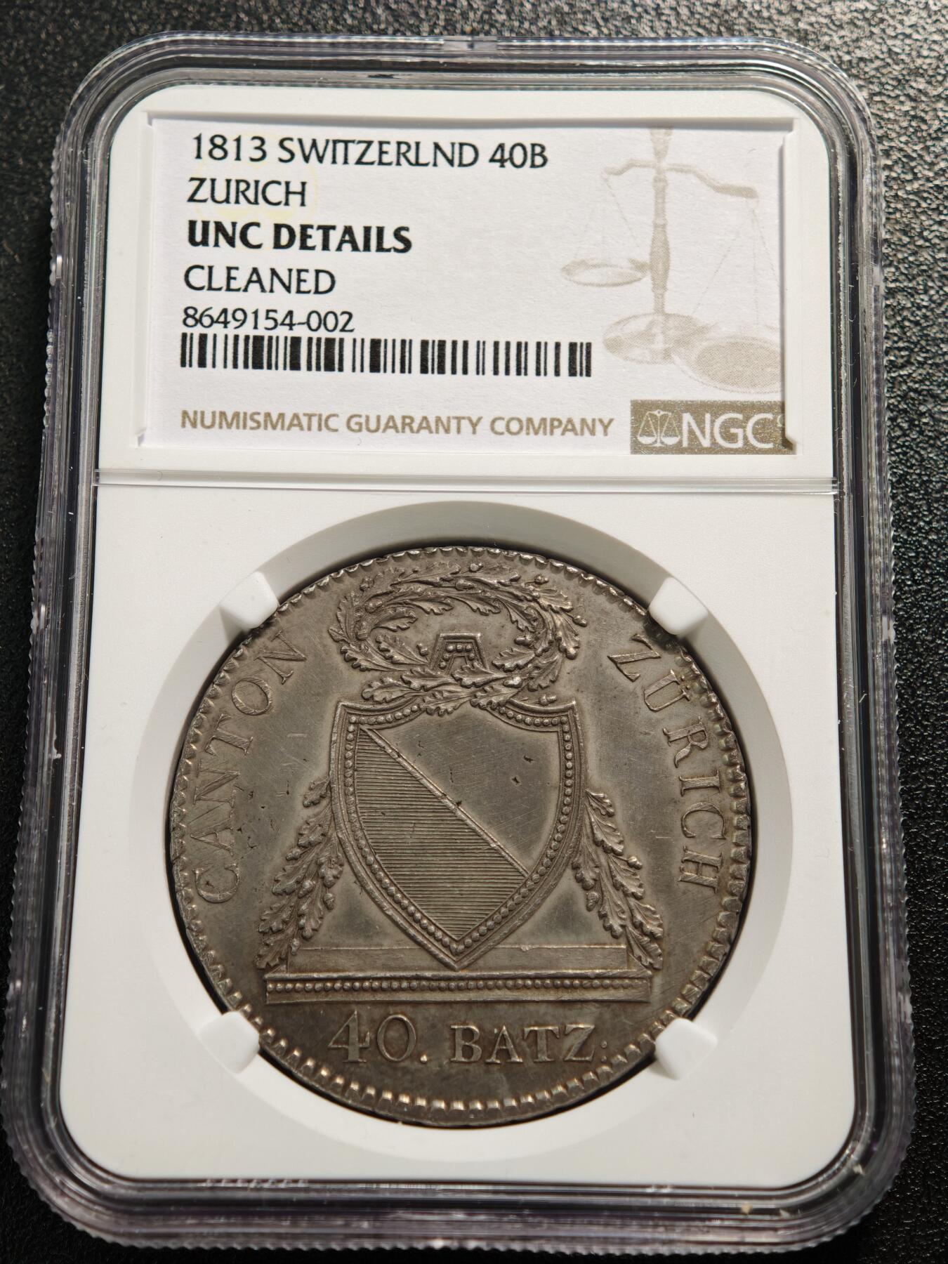 【德藏】世界币章拍卖第165期（拍品征集中~欢迎藏友联系） 1813年 瑞士苏黎世40巴增大银币 NGC UNC