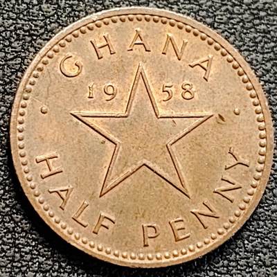 泉币菌-第189场- 情人节快乐 精品福利场 拍品较多 请提前出价（年后发货） - 加纳1958年1/2比塞瓦青铜币 20.3毫米 2.9克 五角星 纪念币铜钱