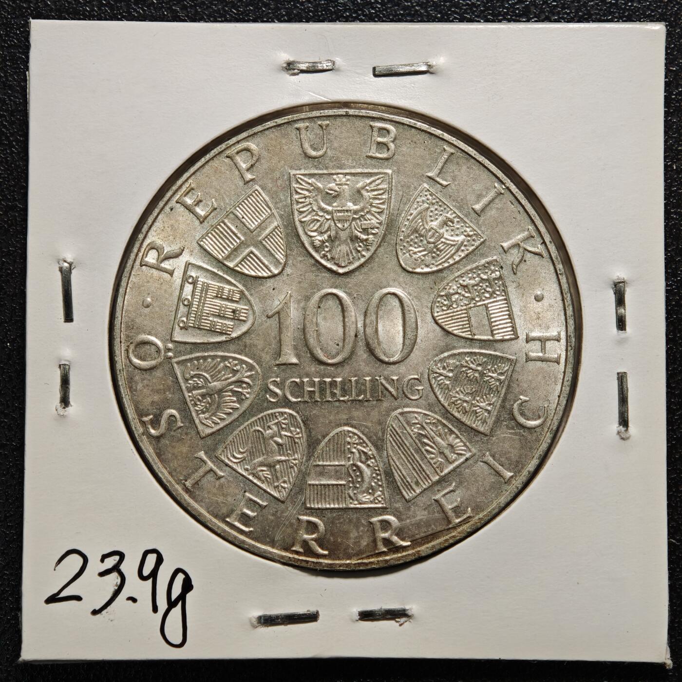 【德藏】世界币章拍卖第165期（拍品征集中~欢迎藏友联系） 老藏家集藏系列之-1975年 奥地利作曲家约翰·施特劳斯100先令纪念银币 直径约：36mm；重约：23.9g 入册20余年·附有当年购入价