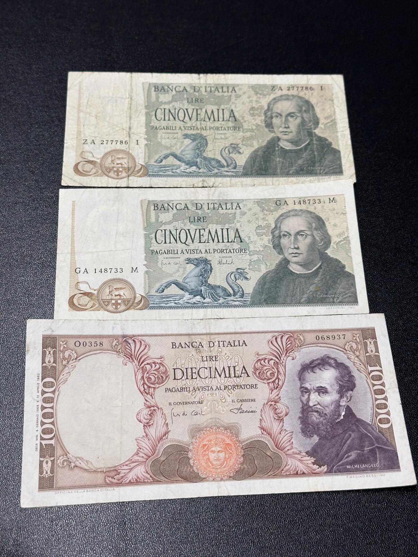 《外钞收藏家》第六百一十期（新年假期场/年后快递恢复正常再发货）（长期征集拍品、欢迎藏友们联系合作） 意大利5000和1万 三张一起 非全新 品相如图