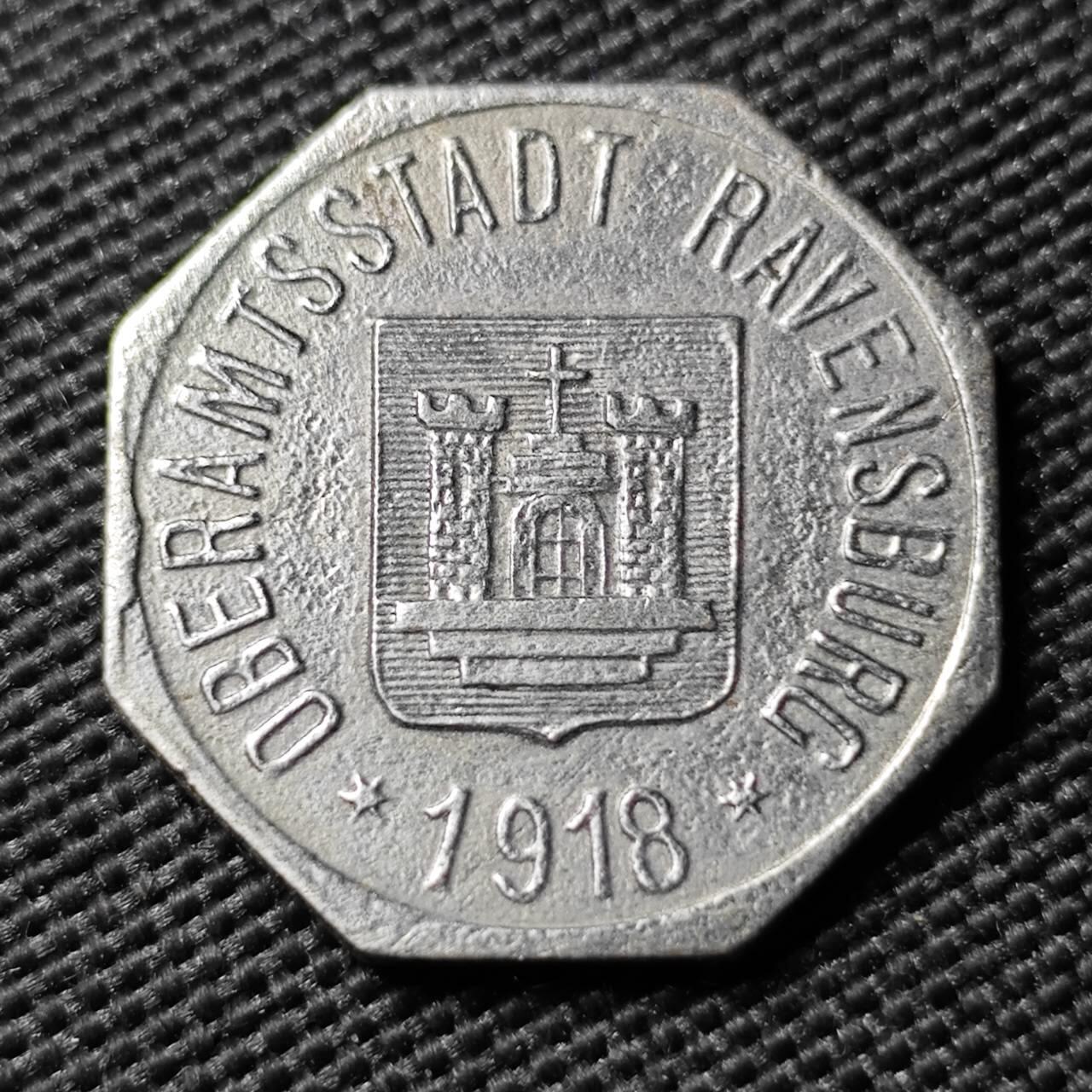 KK钱币收藏小铺  第397期 百期特怕（四拍之一） 2月预留时间 周末发货 1918 德紧Ravensburg拉文斯堡50芬尼铁币 