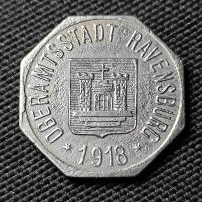 KK钱币收藏小铺  第397期 百期特怕（四拍之一） 2月预留时间 周末发货 - 1918 德紧Ravensburg拉文斯堡50芬尼铁币 