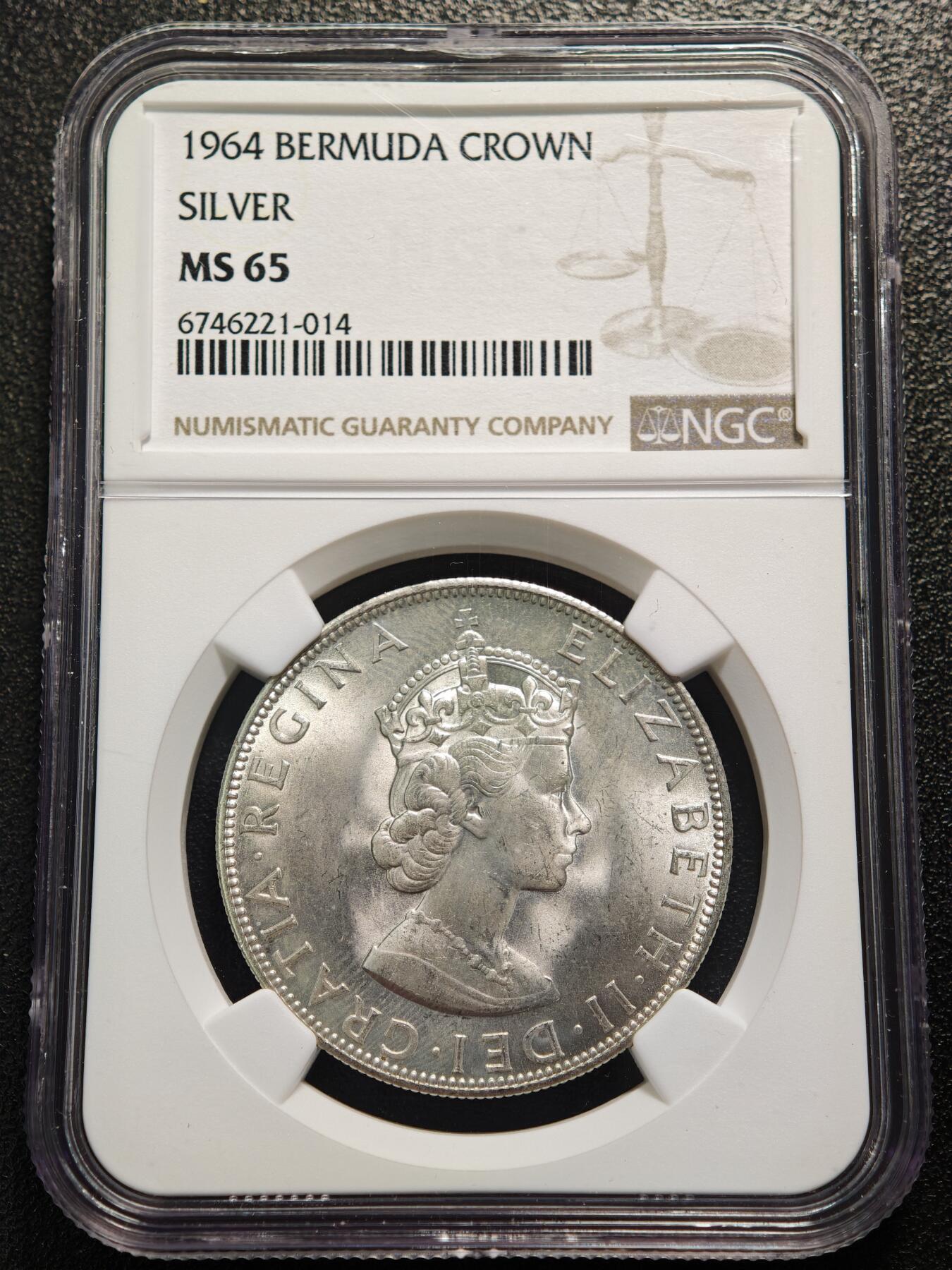 【德藏】世界币章拍卖第165期（拍品征集中~欢迎藏友联系） 1964年 英属百慕大伊丽莎白国徽版1克朗银币 NGC MS65