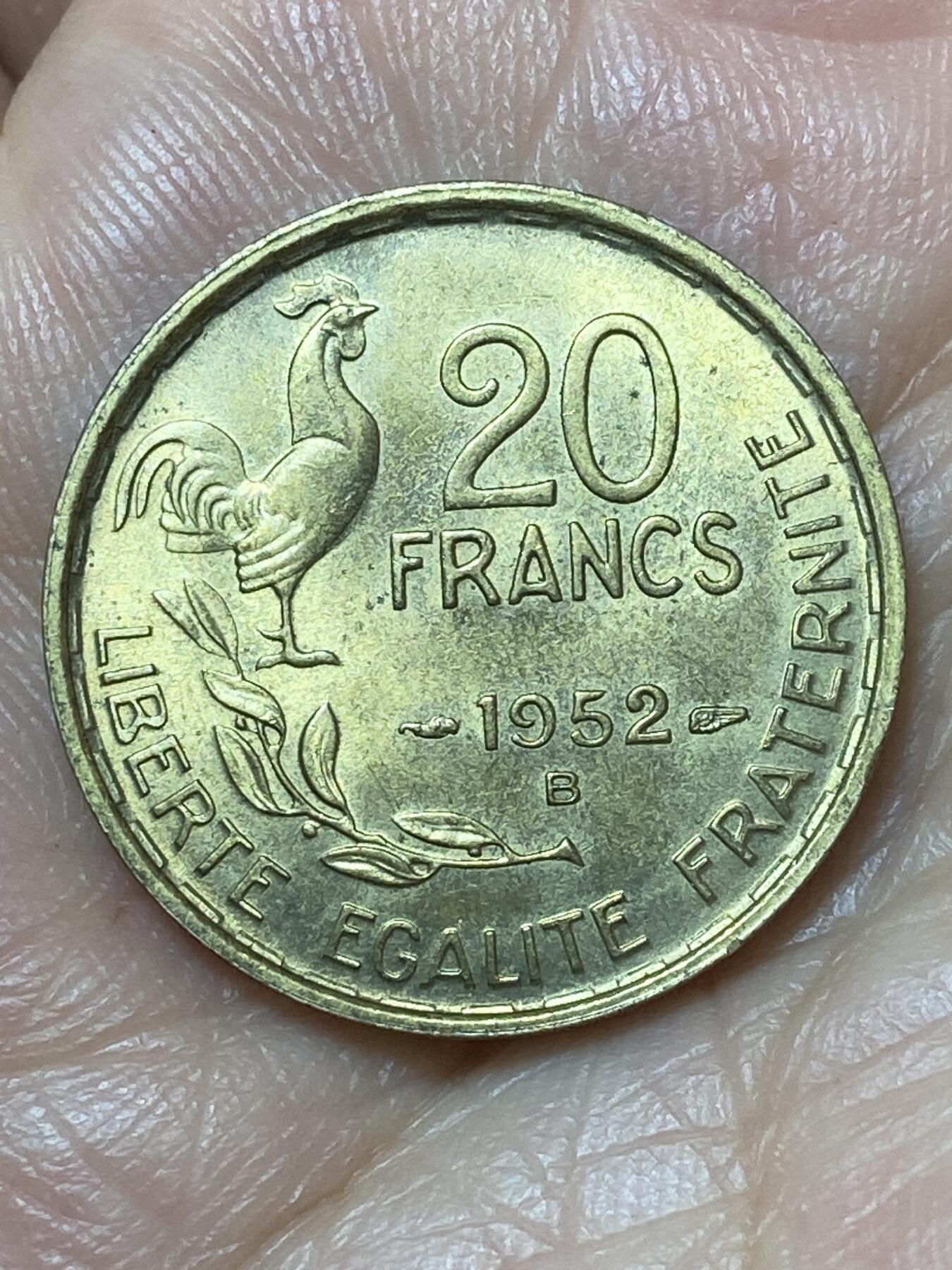 2026年第二十二场(总第一百九十一场）外国好品散币场(免佣金) 原光好品–法兰西第四共和国1952年20法郎(B标，博蒙莱罗热造)