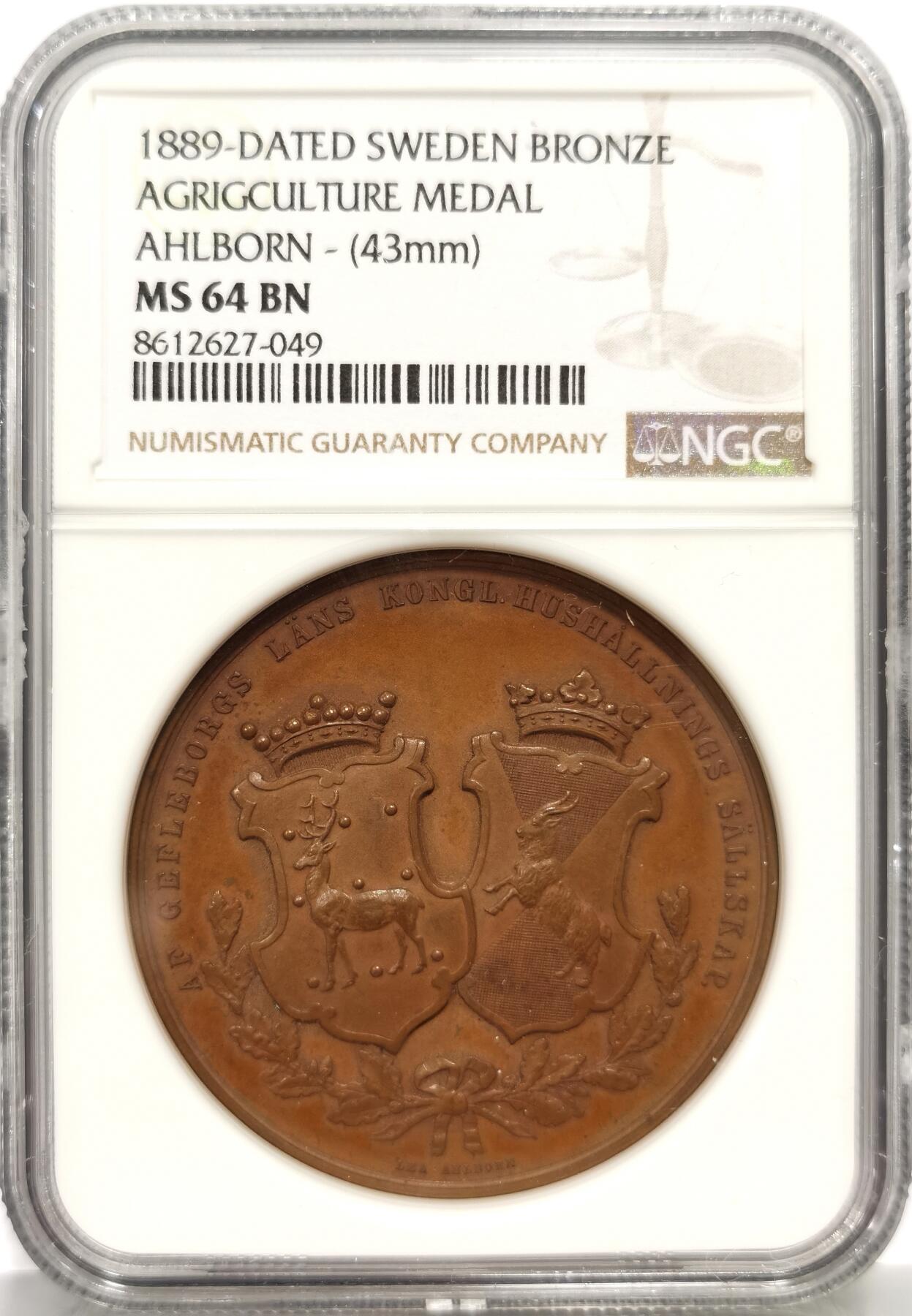 博洋堂蛇年收官专场暨第161期（全场包邮） NGC MS64BN 瑞典1889年地方农业铜质奖章，43mm，加厚盒