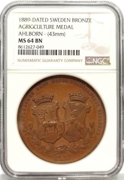 博洋堂蛇年收官专场暨第161期（全场包邮） - NGC MS64BN 瑞典1889年地方农业铜质奖章，43mm，加厚盒