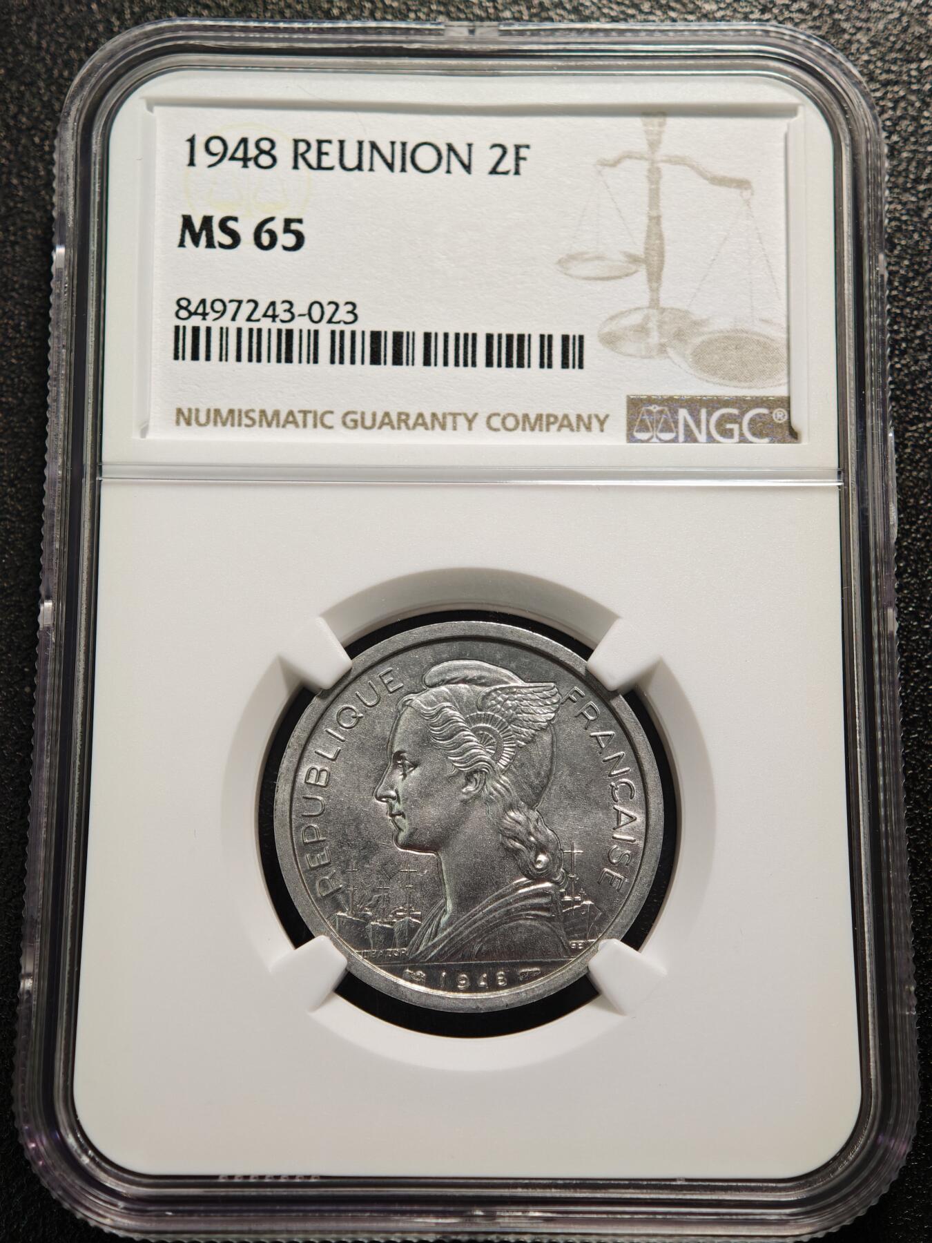 【德藏】世界币章拍卖第165期（拍品征集中~欢迎藏友联系） 1948年 法属留尼旺2法郎铝币 NGC MS65