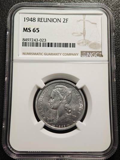 【德藏】世界币章拍卖第165期（拍品征集中~欢迎藏友联系） - 1948年 法属留尼旺2法郎铝币 NGC MS65