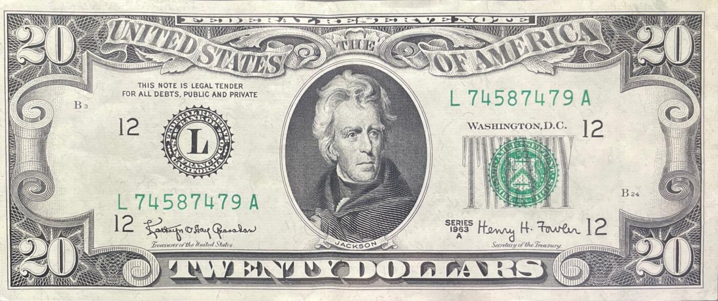 回流0207 少！1963A版美国20美元联邦储备券 旧金山联邦储备银行发行 安德鲁·杰克逊/白宫