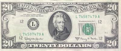 回流0207 - 少！1963A版美国20美元联邦储备券 旧金山联邦储备银行发行 安德鲁·杰克逊/白宫
