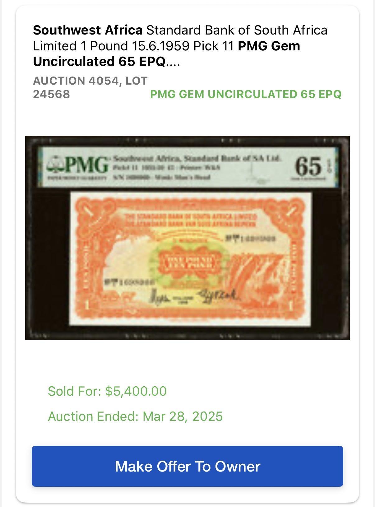 小福收藏拍卖第200期 【庆典场 中拍就有好礼相赠】评级币精选场 本期有捷克斯洛伐克20年100克朗慕夏作品大珍 69分倒置百位号布隆迪世界最大纸币  35年版加拿大经典 苏格兰格拉斯哥大学500年纪念钞倒置小号 卡塔尔80年100里亚尔冠军分 美国教育券 意大利拉斐尔 乌克兰 库克群岛 墨西哥 南斯拉夫 亚美尼亚等多国精美高分珍稀老钞精品纸币 西南非洲 1959年 1镑 PMG66 EPQ 唯2冠军分！！！