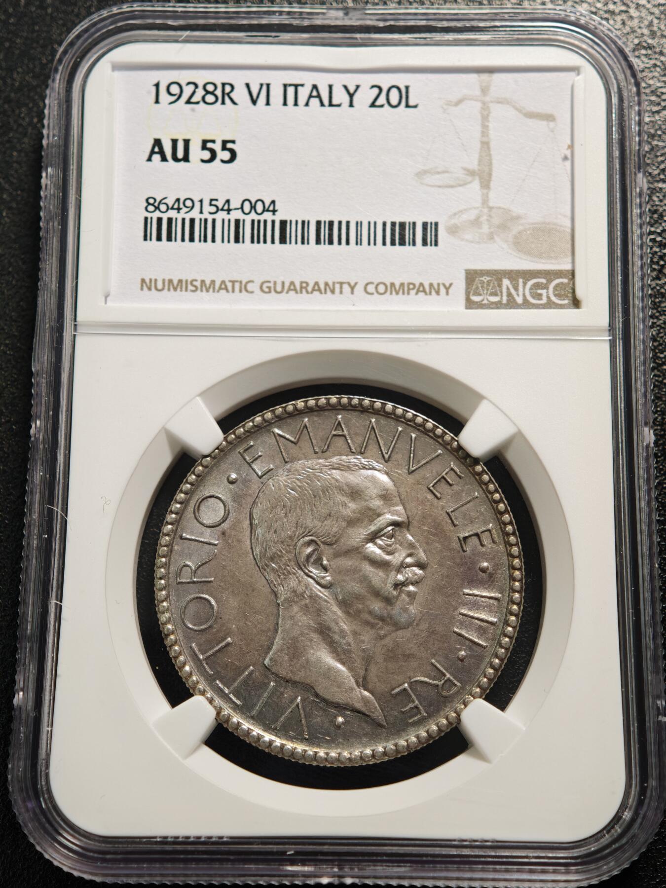 【德藏】世界币章拍卖第165期（拍品征集中~欢迎藏友联系） 1928年 意大利伊曼纽尔三世20里拉银币 NGC AU55