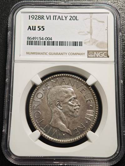 【德藏】世界币章拍卖第165期（拍品征集中~欢迎藏友联系） - 1928年 意大利伊曼纽尔三世20里拉银币 NGC AU55